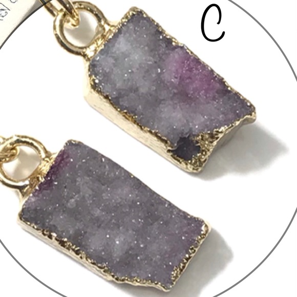 Gold with Purple Druzy Stone Dangle Earrings - Picture 5 of 6